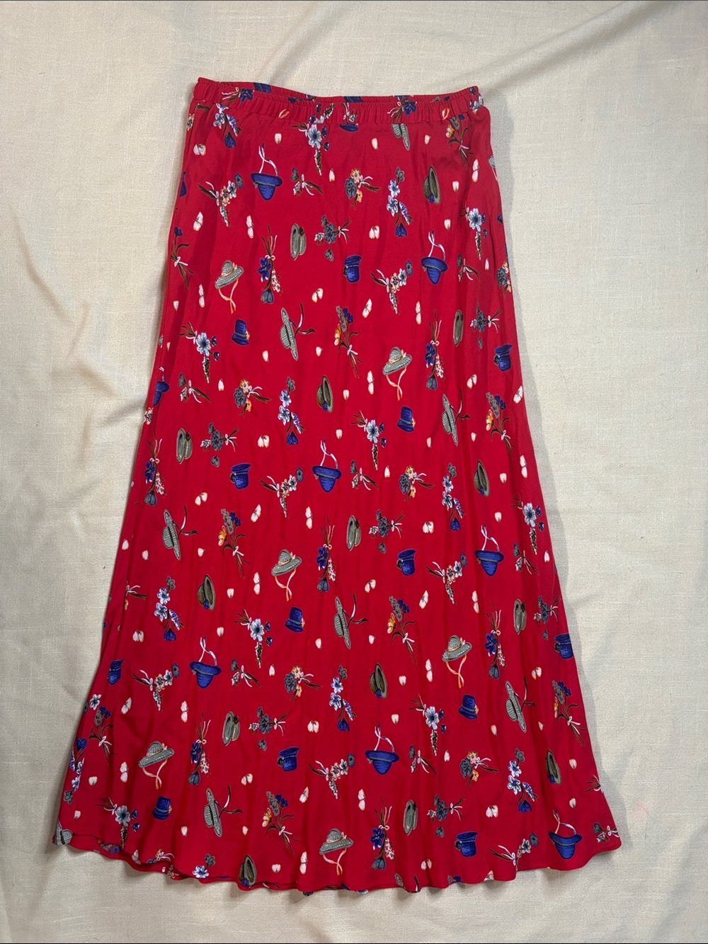 Red Floral & Hat Print Maxi Skirt